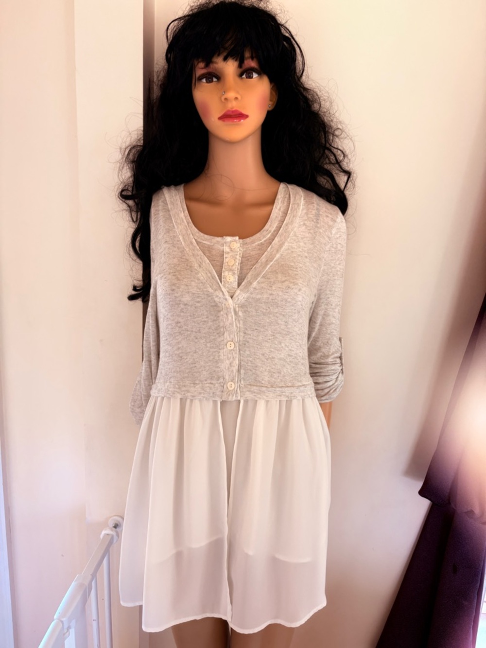 Monteau 2-Pc Mini Dress w/ Sweater Soft Grey Bodice Ivory Chiffon Skirt Size M